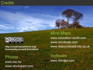 Photos www.sxc.hu www.stockxpert.com Credits Mind Maps www.education-world.com www.mindtools.com www.resourcebank.sitc.co.uk Software www.mindjet.com http://creativecommons.org/ licenses/by-nc-sa/2.5/scotland / 