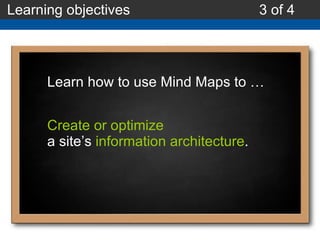 Learning objectives 3 of 4 Learn how to use Mind Maps to … Create or optimize a site’s  information architecture . 
