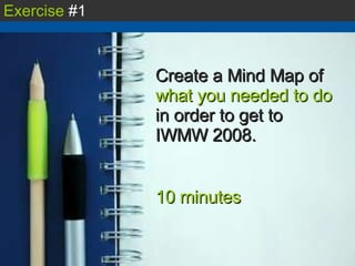 Exercise  #1 Create a Mind Map of  what you needed to do  in order to get to IWMW 2008. 10 minutes 