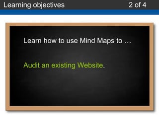 Learning objectives 2 of 4 Learn how to use Mind Maps to … Audit an existing Website . 