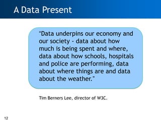 A Data Present

           “Data underpins our economy and
           our society - data about how
           much is being spent and where,
           data about how schools, hospitals
           and police are performing, data
           about where things are and data
           about the weather.”

           Tim Berners Lee, director of W3C.



12
 