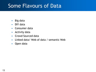 Some Flavours of Data

      •   Big data
      •   DIY data
      •   Consumer data
      •   Activity data
      •   Crowd Sourced data
      •   Linked data/ Web of data / semantic Web
      •   Open data




13
 
