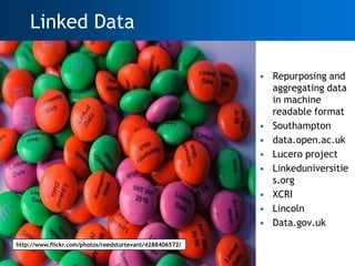 Linked Data

                                                           • Repurposing and
                                                             aggregating data
                                                             in machine
                                                             readable format
                                                           • Southampton
                                                           • data.open.ac.uk
                                                           • Lucero project
                                                           • Linkeduniversitie
                                                             s.org
                                                           • XCRI
                                                           • Lincoln
                                                           • Data.gov.uk

 http://www.flickr.com/photos/reedsturtevant/4288406572/

25
 