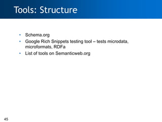 Tools: Structure

      • Schema.org
      • Google Rich Snippets testing tool – tests microdata,
        microformats, RDFa
      • List of tools on Semanticweb.org




45
 