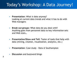 Today‘s Workshop: A Data Journey!

     • Presentation: What is data anyway?
       Looking at current data trends and what it has to do with
       Web managers

     • Break out groups: What data do you deal with?
       Anything goes from personnel data to key information sets
       and Web stats…

     • Presentation/Show and Tell: Taster of tools that help with
       data (mining, citation, visualization, analytics, etc.)

     • Presentation: Case study - Data @ Southampton

     • Discussion and buzzword bingo
8
 