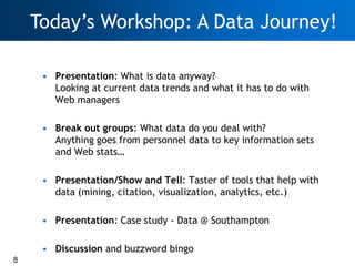 Today‘s Workshop: A Data Journey!

     • Presentation: What is data anyway?
       Looking at current data trends and wha...