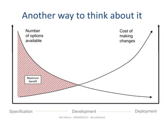 Another way to think about it
         Number                                                 Cost of
         of options                                             making
         available                                              changes




         Maximum
          benefit




Specification                    Development                          Deployment
                      Neil Allison - #IWMW2012 - @usabilityed
 