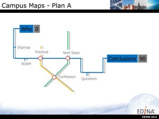 Campus Maps - Plan A IWMW 2011 Who Digimap ROAM Questions Conclusions 0 90 Confession Next Steps Practical 