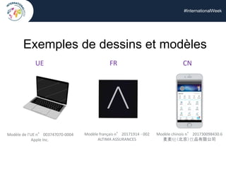 #InternationalWeek
Exemples de dessins et modèles
Modèle de l’UE n° 003747070-0004
Apple Inc.
Modèle français n° 20171914 - 002
ALTIMA ASSURANCES
Modèle chinois n° 201730098430.6
麦麦哒（北京）饮品有限公司
UE FR CN
 