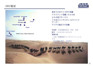 IWNC概要

                                              東京で日本で１９年の実績
                                              クライアント実績１０００社
            Great Wall Courtyard
                                              ２０カ国でサービス
                  Beijing                     ７０名のコンサルタント/ファシリ
                                      Tokyo
                  Shanghai                    テーター
        Hong Kong                             アジア８拠点での活動
                             Taipei

                                              代表者 代表取締役社長 村松 太郎
Kuala Lumpur
                                              設立 １９８９年１０月２日
               IWNC Asia Wide Network
                                              事業内容
Singapore
                                              ・人材・組織開発のコンサルテーションに
                                              よる
                                               経営課題の解決、成果創出
                                              ・企業研修企画及び運営
                                              ・オフサイトミーティングのファシリテー
                                              ション




                                                                    3
 