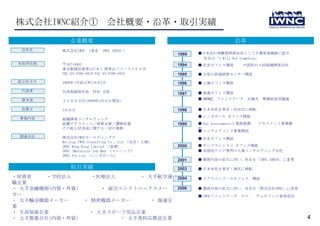 株式会社IWNC紹介① 会社概要・沿革・取引実績
              企業概要                                                          沿革
  会社名      株式会社IWNC （英名：IWNC JAPAN )
                                                      1989   ●日本初の体験型研修会社として千葉県夷隅郡に設立
                                                              社名は「I Will Not Complain」
 本社所在地     〒107-0062                                  1994   ● 北京オフィス開設        中国初の人材組織開発会社
           東京都港区南青山7-8-1 南青山ファーストビル7F
           TEL 03-5766-5010 FAX 03-5766-5015          1995   ● 万里の長城研修センター開設
 設立年月日     1989年(平成元年)10月2日                           1996   ● 上海オフィス開設

  代表者      代表取締役社長      村松 太郎
                                                      1997   ● 香港オフィス開設
  資本金                                                        ● IWNC ファシリテータ 北極点 無補給徒歩踏破
           ３５００万円(2008年3月31日現在)

  決算日      3月31日                                      1998   ● 日本本社を東京・渋谷区に移転

 事業内容                                                        ● シンガポール オフィス開設
           組織開発コンサルティング
           組織アセスメント／研修企画／講師派遣                         1999   ● Sun Assessmentsと業務提携   アセスメント事業開
           その他人材育成に関する一切の業務                                  始
                                                             ● コンサルティング事業開始
 関連会社      株式会社IWNCホールディングス                                  ● 台北オフィス開設
           Beijing IWNC Consulting Co., Ltd （北京・上海）
           IWNC Hong Kong Limited （香港）                2000   ● サンフランシスコ オフィス開設
           IWNC (Malaysia) Sdn Bhd （マレーシア）                   ● 米国初アジア専門の人事コンサルティング会社
           IWNC Pte Ltd （シンガポール）
                                                      2001   ● 業務内容の拡大に伴い、社名を「IWNC GROUP」に変更

              取引実績                                    2003   ● 日本本社を東京・港区に移転

・財務省    ・学校法人     ・医療法人      ・ 大手航空運                  2004   ● クアラルンプールオフィス 開設
輸企業
・ 大手金融機関(内資・外資）     ・ 総合エレクトロニクスメー                    2006   ● 業務内容の拡大に伴い、社名を「株式会社IWNC」に変更
カー                                                           ● IWNCファシリテータ     ケイ、 チョモランマ登頂成功
・ 大手輸送機器メーカー    ・ 精密機器メーカー     ・ 海運企
業
・ 生命保険企業         ・ 大手スポーツ用品企業
・ 大手製薬会社(内資・外資）         ・ 大手食料品製造企業                                                               4
 