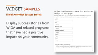 WIDGET SAMPLES
Illinois workNet Success Stories
Display success stories from
WIOA and related programs
that have had a positive
impact on your community.
 
