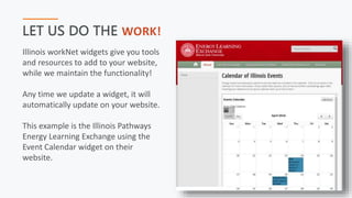 LET US DO THE WORK!
Illinois workNet widgets give you tools
and resources to add to your website,
while we maintain the functionality!
Any time we update a widget, it will
automatically update on your website.
This example is the Illinois Pathways
Energy Learning Exchange using the
Event Calendar widget on their
website.
 