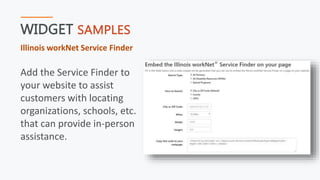 WIDGET SAMPLES
Illinois workNet Service Finder
Add the Service Finder to
your website to assist
customers with locating
organizations, schools, etc.
that can provide in-person
assistance.
 