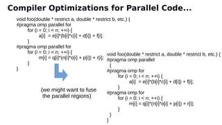 void foo(double * restrict a, double * restrict b, etc.) {
#pragma omp parallel for
for (i = 0; i < n; ++i) {
a[i] = e[i]*(b[i]*c[i] + d[i]) + f[i];
}
#pragma omp parallel for
for (i = 0; i < n; ++i) {
m[i] = q[i]*(n[i]*o[i] + p[i]) + r[i];
}
}
void foo(double * restrict a, double * restrict b, etc.) {
#pragma omp parallel
{
#pragma omp for
for (i = 0; i < n; ++i) {
a[i] = e[i]*(b[i]*c[i] + d[i]) + f[i];
}
#pragma omp for
for (i = 0; i < n; ++i) {
m[i] = q[i]*(n[i]*o[i] + p[i]) + r[i];
}
}
}
(we might want to fuse
the parallel regions)
Compiler Optimizations for Parallel Code...
 