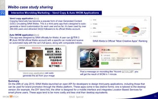 Weibo case study sharing
     Interactive Microblog Marketing – Vancl Copy & Auto IWOM Applications
       Weibo APP – VAN...