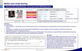 Weibo case study sharing
      Interactive Microblog Marketing – Vancl Copy & Auto IWOM Applications


                   ...