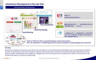 eCommerce Development in the Last Year
                  Social Connection and Ecommerce


                                                                                                        Social Sharing
                                                                                                        •感觉杂了点
                                                                                                        •希望别变成淘宝店长集中营[link]



                                                                                                        Social Purchasing
                                                                                                        •蘑菇街的东西好给力啊！！！！我还正愁着怎么在网上淘
                                                                Price Comparison
                                                                                                         到特好看的东西呢！！！给力[link]


                                                     Social Purchasing                                  Price Comparison
                                 Social Sharing                                                         •一淘垂直比价太牛了，以后出差就方便了，刚与员工做好
                                                                                                         交流，花了十分钟时间在一淘上搞定一家只花188元在上
                                                                                                         海松江的四星豪华酒店[link]



                                        Boom in “Pinterest” drives a connection between social and ecommerce.
                                        Etao is far beyond this, it combined goods search and price comparison, making shopping more convenient.


   CIC View
   eCommerce is evolving to incorporate social sharing sites, like Huaban, to social purchasing sites, like Mogujie, then to price comparison websites
   like Etao. The development of ecommerce hinges on making purchasing ever more convenient. The process of finding the right product has two
   simple principles; suitable goods and a suitable price. Mogujie takes care of the first part and Etao looks after the second. If one ecommerce site
   had these two features, it would be a breakthrough.

IWOM WATCH                                                   IWOM WATCH COMPILATION 2012                                                                 43
 