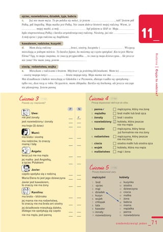 siedemdziesiąt jeden _71
11_
Rodzina|Czyjatorodzina?
ojciec, rozwiedziona, dziadek, żyje, babcia
c. Już nie mam męża. To po polsku się mówi, że jestem …………........………, tak? Jestem pół
Polką, pół Angielką. Moja matka jest Polką. Nie znam dobrze historii mojej rodziny. Wiem, że
…………..... mojej matki, a mój ……...............………… był pilotem w RAF-ie. Moja ………..…….
była stuprocentową Polką z bardzo arystokratycznej rodziny. Niestety, już nie ……...........……. .
A mój ojciec i jego rodzina są Anglikami.
kawalerem, rodziców, kuzynki
d. Mam dużą rodzinę: ……...…......…, braci, siostry, kuzynów i ………............…… . Wszyscy
mieszkają w jednym mieście. To bardzo fajnie, bo możemy się często spotykać. Kto to jest Maria
Elena? Yyy, to moja znajoma, to znaczy przyjaciółka…, to znaczy moja dziewczyna... Ale jeszcze
nie żona! Nie mam żony, jestem ................................... .
ciocię, rodzeństwa, wujka
e. Mieszkam z rodzicami i bratem. Mój brat i ja jesteśmy bliźniakami. Mam też ....................
– siostrę mojego taty i ……….…….. – brata mojego taty. Moja mama nie ma ............................. .
Moi dziadkowie i babcie mieszkają w Gdańsku i w Poznaniu, dlatego rzadko się spotykamy -
tylko raz, dwa razy w roku. Oczywiście, mam chłopaka. Bardzo się kochamy, ale jeszcze niczego
nie planujemy. Jestem panną.
Ćwiczenie 4
Proszę dopasować definicje do słów.
1. panna v 6 mężczyzna, który ma żonę
2. mężatka 6 brat matki lub brat ojca
3. żonaty 6 brat i siostra
4. rozwiedziony 6 kobieta, która jeszcze
nie ma męża
5. kawaler 6 mężczyzna, który teraz
już formalnie nie ma żony
6. rodzeństwo 6 mężczyzna, który jeszcze
nie ma żony
7. ciocia 6 siostra matki lub siostra ojca
8. wujek 6 kobieta, która ma męża
9. małżeństwo 6 mąż i żona
Ćwiczenie 5
Proszę dopasować pary.
mężczyźni kobiety
1. brat
2. ojciec
3. mąż
4. dziadek
5. kuzyn
6. wujek
7. chłopak
8. tata
9. kawaler
10. żonaty
11. rozwiedziony
a) kuzynka
b) siostra
c) dziewczyna
d) ciocia
e) matka
f) żona
g) babcia
h) mama
i) mężatka
j) panna
k) rozwiedziona
v
Ćwiczenie 3
Prawda czy nieprawda?
P N
Uwe:
nie jest żonaty ___ ___
jest rozwiedziony i żonaty ___ ___
ma troje (3) dzieci ___ ___
Mami:
ma brata i siostrę ___ ___
ma rodziców, to znaczy
mamę i tatę ___ ___
Angela:
teraz już nie ma męża ___ ___
jej matka jest Angielką,
a ojciec Polakiem ___ ___
Javier:
często spotyka się z rodziną ___ ___
Maria Elena to jest jego dziewczyna ___ ___
Javier jest kawalerem,
to znaczy nie ma żony ___ ___
Karolina:
ma brata – bliźniaka ___ ___
jej mama nie ma rodzeństwa,
to znaczy nie ma brata ani siostry ___ ___
jej dziadkowie mieszkają daleko,
dlatego nie spotykają się często ___ ___
nie ma męża, jest panną ___ ___
1
111A3 111A4
111A5
 