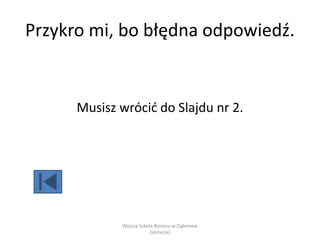 Przykro mi, bo błędna odpowiedź.
Musisz wrócić do Slajdu nr 2.
Wyższa Szkoła Biznesu w Dąbrowie
Górniczej
 