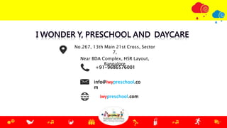 +91-9686576001
info@iwypreschool.co
m
No.267, 13th Main 21st Cross, Sector
7,
Near BDA Complex, HSR Layout,
Bangalore
iwypreschool.com
 