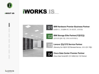 IBM Hardware Premier Business Partner
(LG , , , )
IBM Storage Elite Partner( )
( 2 . & )
Lenovo Service Partner
(Warranty Out Renewal Service, )
Cisco Data Center Premier Partner
(Cisco Data Center G2B( ) Partner)
ABOUT US iWORKS IS
01
02
03
04
 