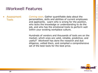 iWorkwell Features <ul><li>Assessment Tools </li></ul>Coming soon .  Gather quantifiable data about the personalities, ski...