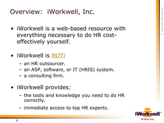 Overview:  iWorkwell, Inc. <ul><li>iWorkwell is a web-based resource with everything necessary to do HR cost-effectively y...
