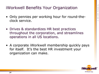 iWorkwell Benefits Your Organization <ul><li>Only pennies per working hour for round-the-clock service. </li></ul><ul><li>...
