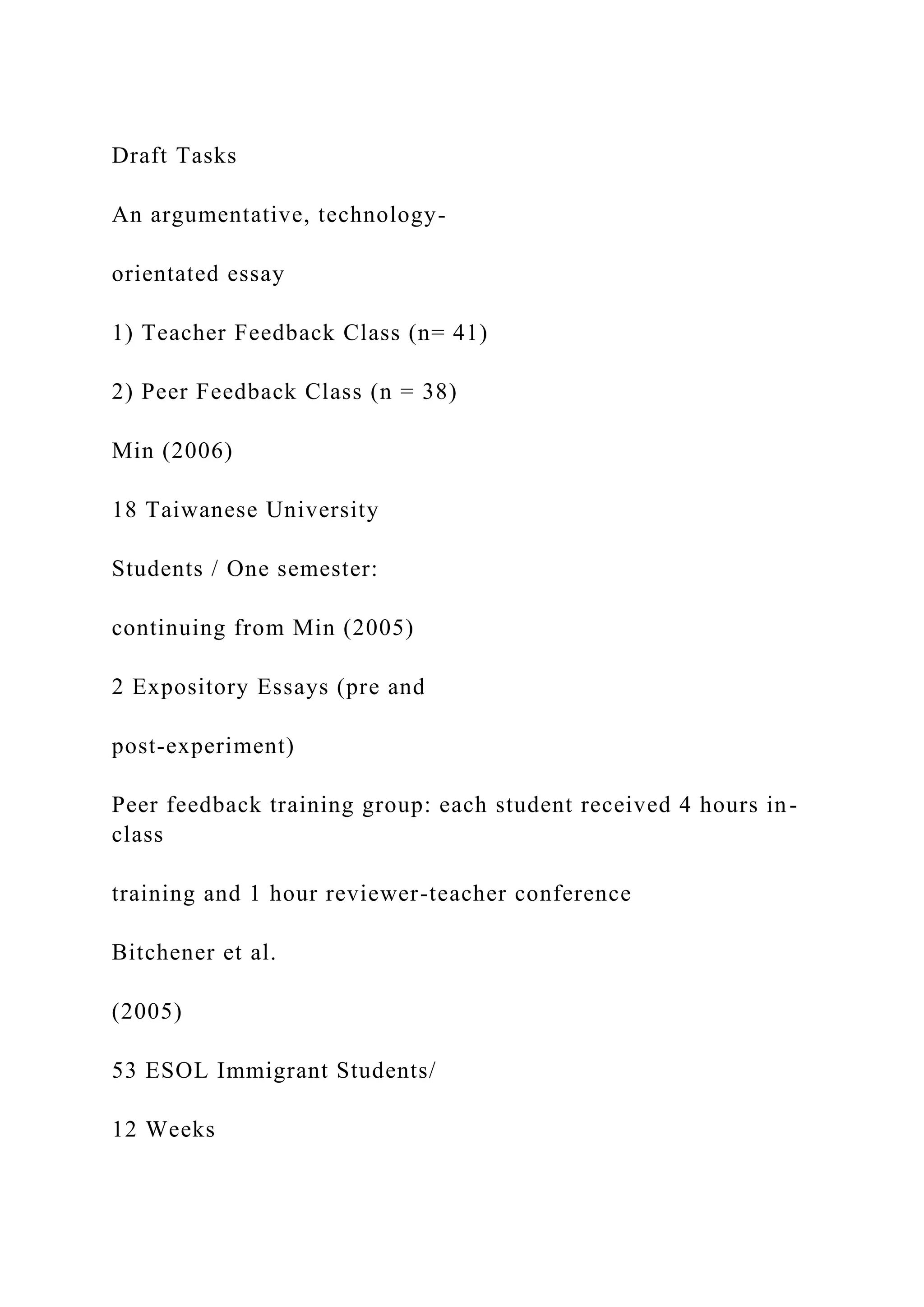 Draft Tasks
An argumentative, technology-
orientated essay
1) Teacher Feedback Class (n= 41)
2) Peer Feedback Class (n = 38)
Min (2006)
18 Taiwanese University
Students / One semester:
continuing from Min (2005)
2 Expository Essays (pre and
post-experiment)
Peer feedback training group: each student received 4 hours in-
class
training and 1 hour reviewer-teacher conference
Bitchener et al.
(2005)
53 ESOL Immigrant Students/
12 Weeks
 