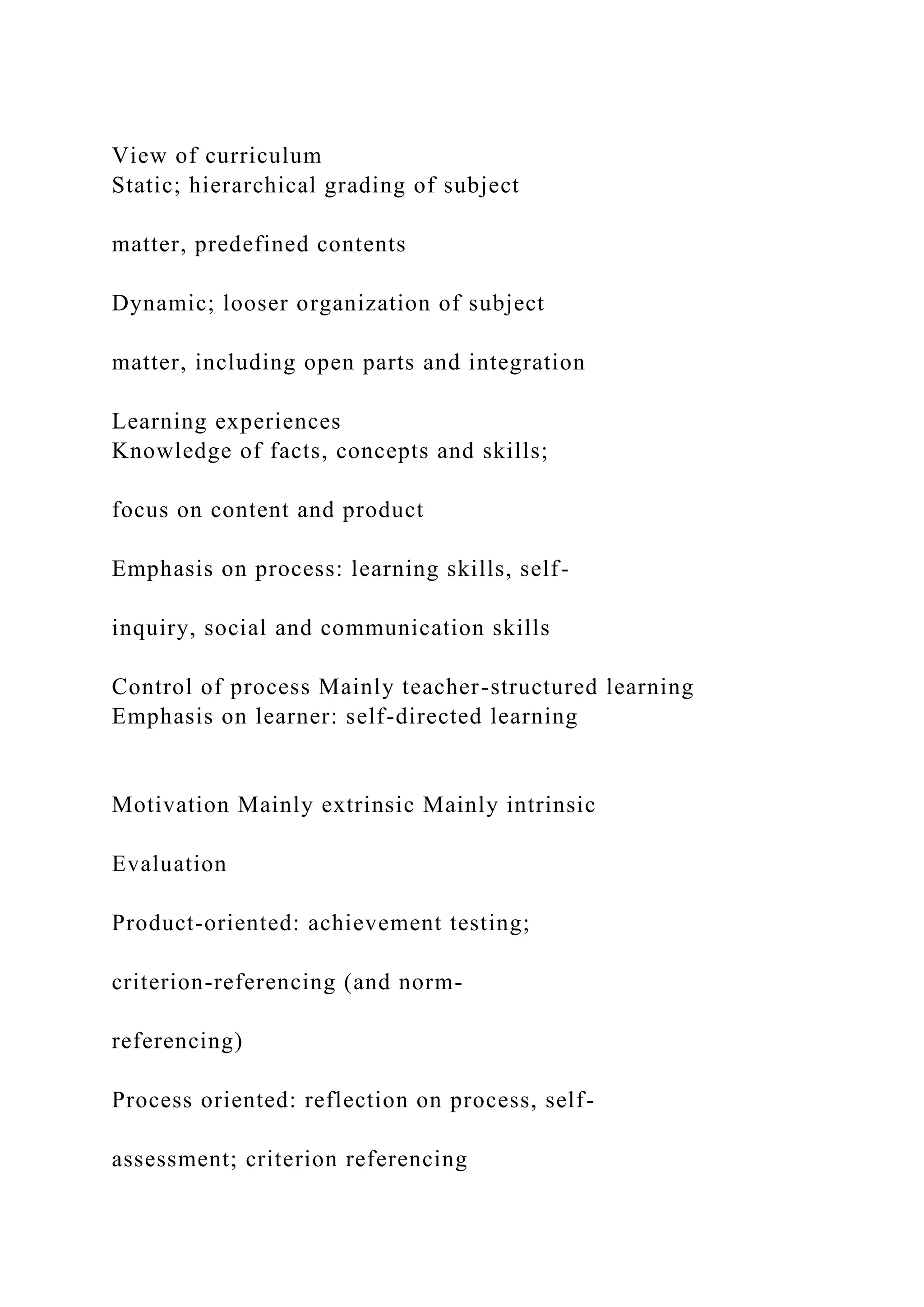 View of curriculum
Static; hierarchical grading of subject
matter, predefined contents
Dynamic; looser organization of subject
matter, including open parts and integration
Learning experiences
Knowledge of facts, concepts and skills;
focus on content and product
Emphasis on process: learning skills, self-
inquiry, social and communication skills
Control of process Mainly teacher-structured learning
Emphasis on learner: self-directed learning
Motivation Mainly extrinsic Mainly intrinsic
Evaluation
Product-oriented: achievement testing;
criterion-referencing (and norm-
referencing)
Process oriented: reflection on process, self-
assessment; criterion referencing
 