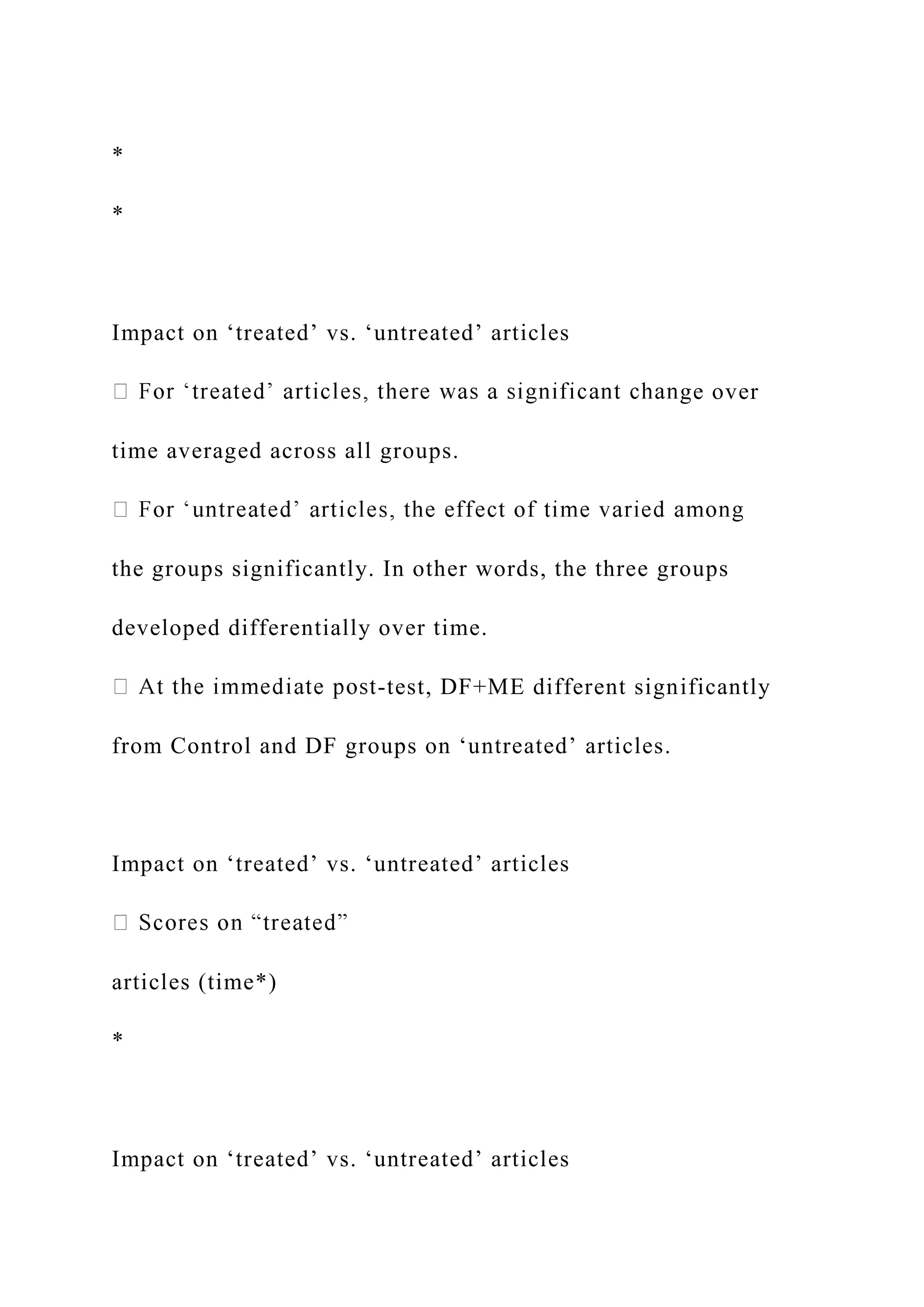 *
*
Impact on ‘treated’ vs. ‘untreated’ articles
ge over
time averaged across all groups.
the groups significantly. In other words, the three groups
developed differentially over time.
-test, DF+ME different significantly
from Control and DF groups on ‘untreated’ articles.
Impact on ‘treated’ vs. ‘untreated’ articles
articles (time*)
*
Impact on ‘treated’ vs. ‘untreated’ articles
 