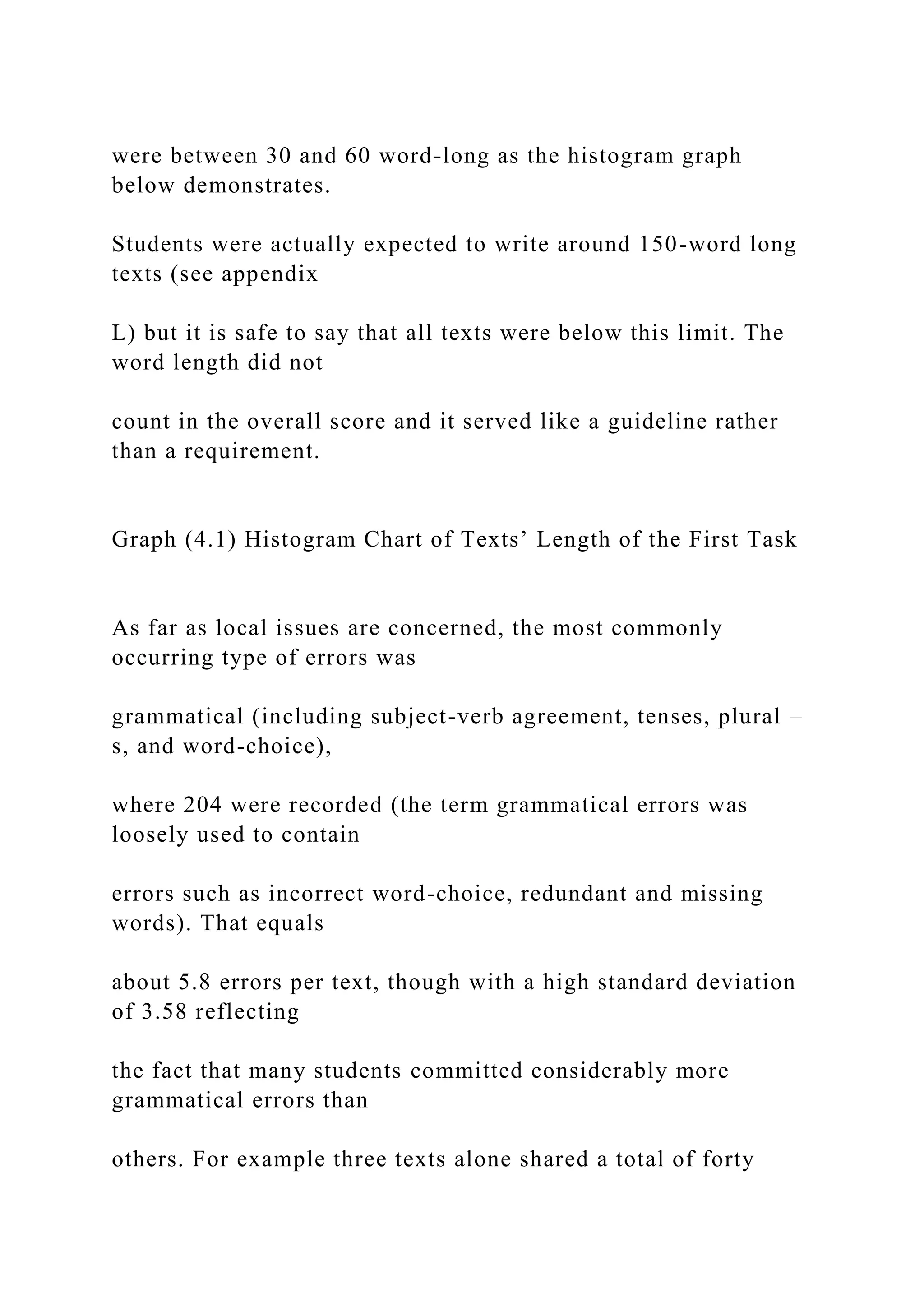 were between 30 and 60 word-long as the histogram graph
below demonstrates.
Students were actually expected to write around 150-word long
texts (see appendix
L) but it is safe to say that all texts were below this limit. The
word length did not
count in the overall score and it served like a guideline rather
than a requirement.
Graph (4.1) Histogram Chart of Texts’ Length of the First Task
As far as local issues are concerned, the most commonly
occurring type of errors was
grammatical (including subject-verb agreement, tenses, plural –
s, and word-choice),
where 204 were recorded (the term grammatical errors was
loosely used to contain
errors such as incorrect word-choice, redundant and missing
words). That equals
about 5.8 errors per text, though with a high standard deviation
of 3.58 reflecting
the fact that many students committed considerably more
grammatical errors than
others. For example three texts alone shared a total of forty
 