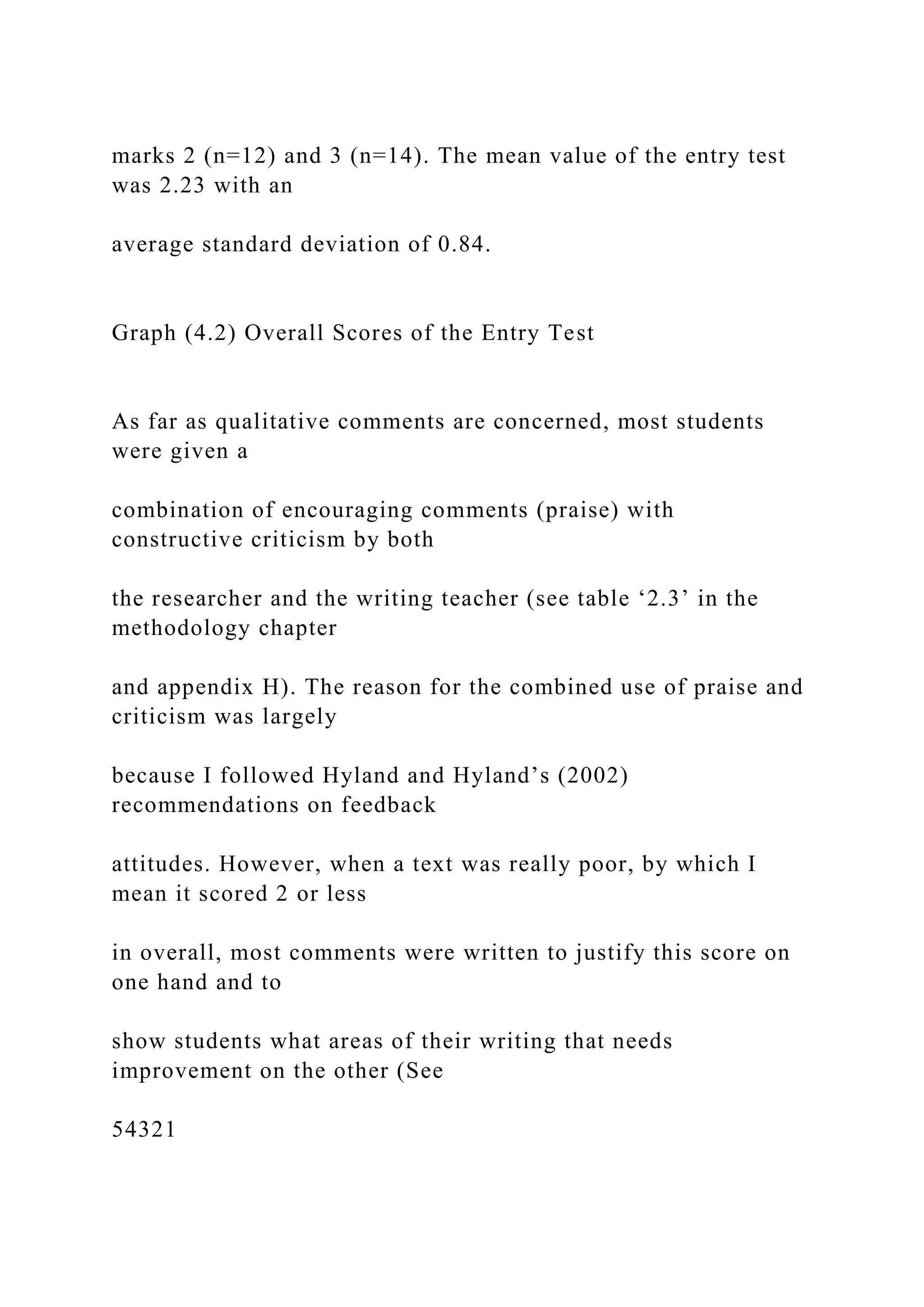 marks 2 (n=12) and 3 (n=14). The mean value of the entry test
was 2.23 with an
average standard deviation of 0.84.
Graph (4.2) Overall Scores of the Entry Test
As far as qualitative comments are concerned, most students
were given a
combination of encouraging comments (praise) with
constructive criticism by both
the researcher and the writing teacher (see table ‘2.3’ in the
methodology chapter
and appendix H). The reason for the combined use of praise and
criticism was largely
because I followed Hyland and Hyland’s (2002)
recommendations on feedback
attitudes. However, when a text was really poor, by which I
mean it scored 2 or less
in overall, most comments were written to justify this score on
one hand and to
show students what areas of their writing that needs
improvement on the other (See
54321
 