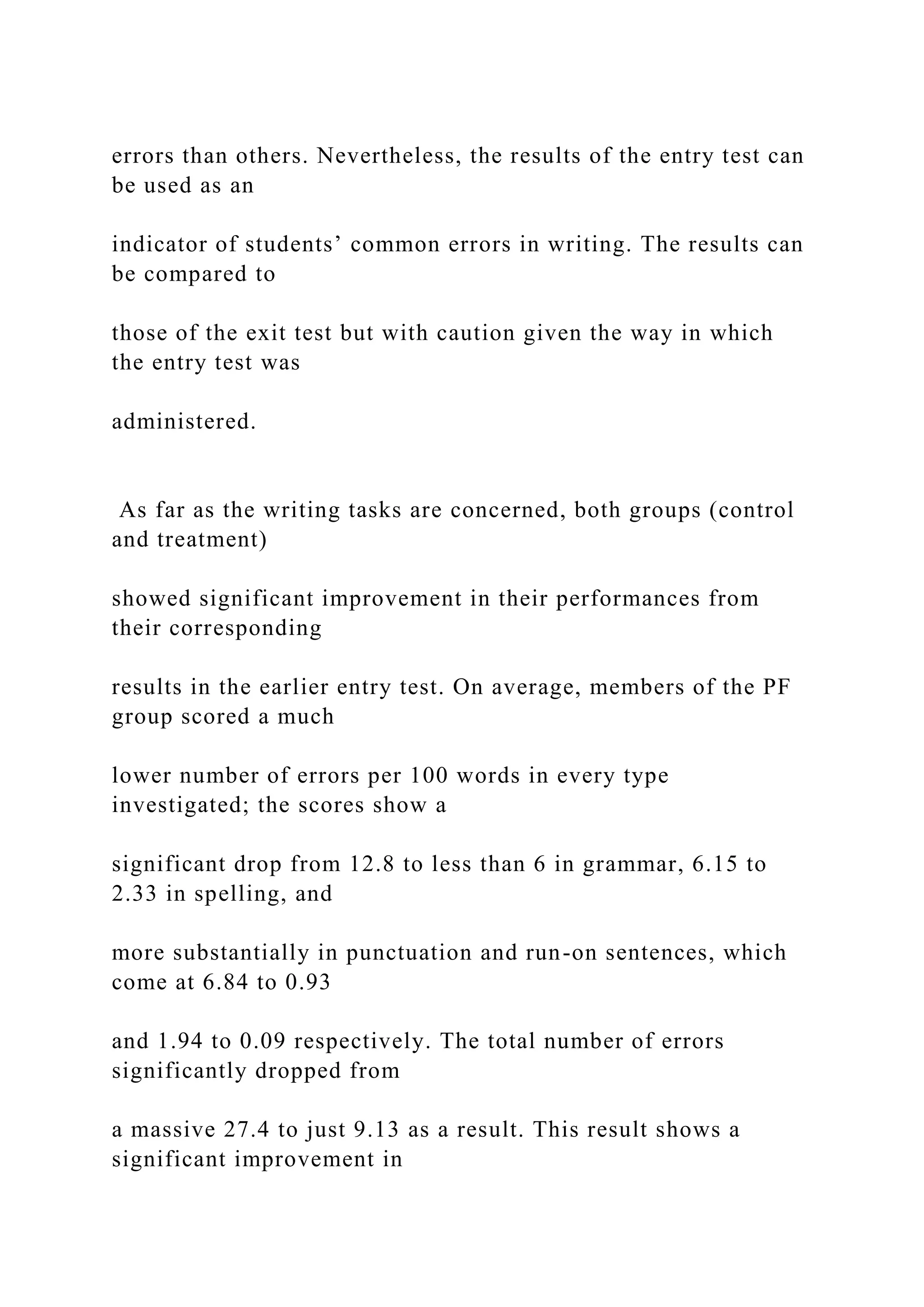 errors than others. Nevertheless, the results of the entry test can
be used as an
indicator of students’ common errors in writing. The results can
be compared to
those of the exit test but with caution given the way in which
the entry test was
administered.
As far as the writing tasks are concerned, both groups (control
and treatment)
showed significant improvement in their performances from
their corresponding
results in the earlier entry test. On average, members of the PF
group scored a much
lower number of errors per 100 words in every type
investigated; the scores show a
significant drop from 12.8 to less than 6 in grammar, 6.15 to
2.33 in spelling, and
more substantially in punctuation and run-on sentences, which
come at 6.84 to 0.93
and 1.94 to 0.09 respectively. The total number of errors
significantly dropped from
a massive 27.4 to just 9.13 as a result. This result shows a
significant improvement in
 