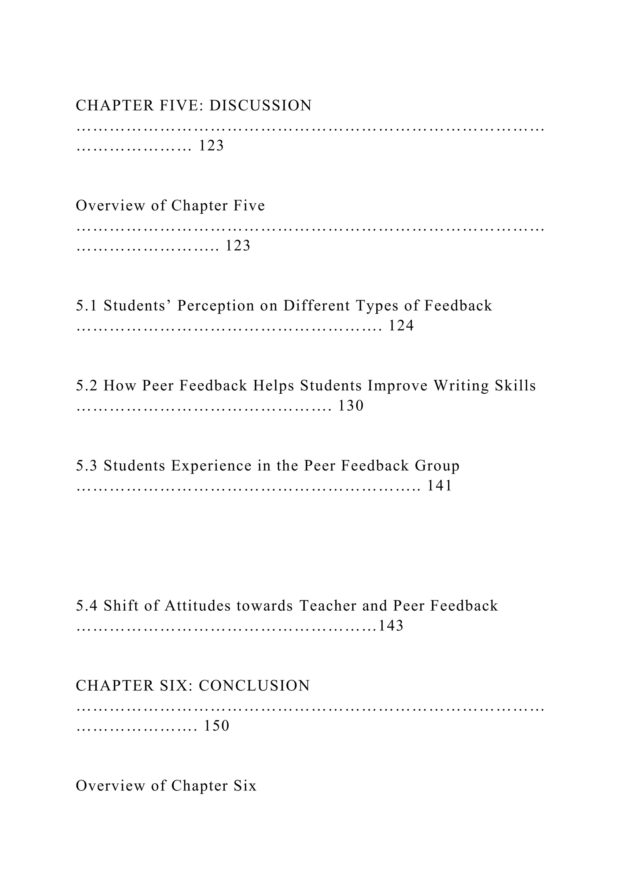 CHAPTER FIVE: DISCUSSION
…………………………………………………………………………
………………… 123
Overview of Chapter Five
…………………………………………………………………………
…………………….. 123
5.1 Students’ Perception on Different Types of Feedback
………………………………………………. 124
5.2 How Peer Feedback Helps Students Improve Writing Skills
………………………………………. 130
5.3 Students Experience in the Peer Feedback Group
…………………………………………………….. 141
5.4 Shift of Attitudes towards Teacher and Peer Feedback
………………………………………………143
CHAPTER SIX: CONCLUSION
…………………………………………………………………………
…………………. 150
Overview of Chapter Six
 