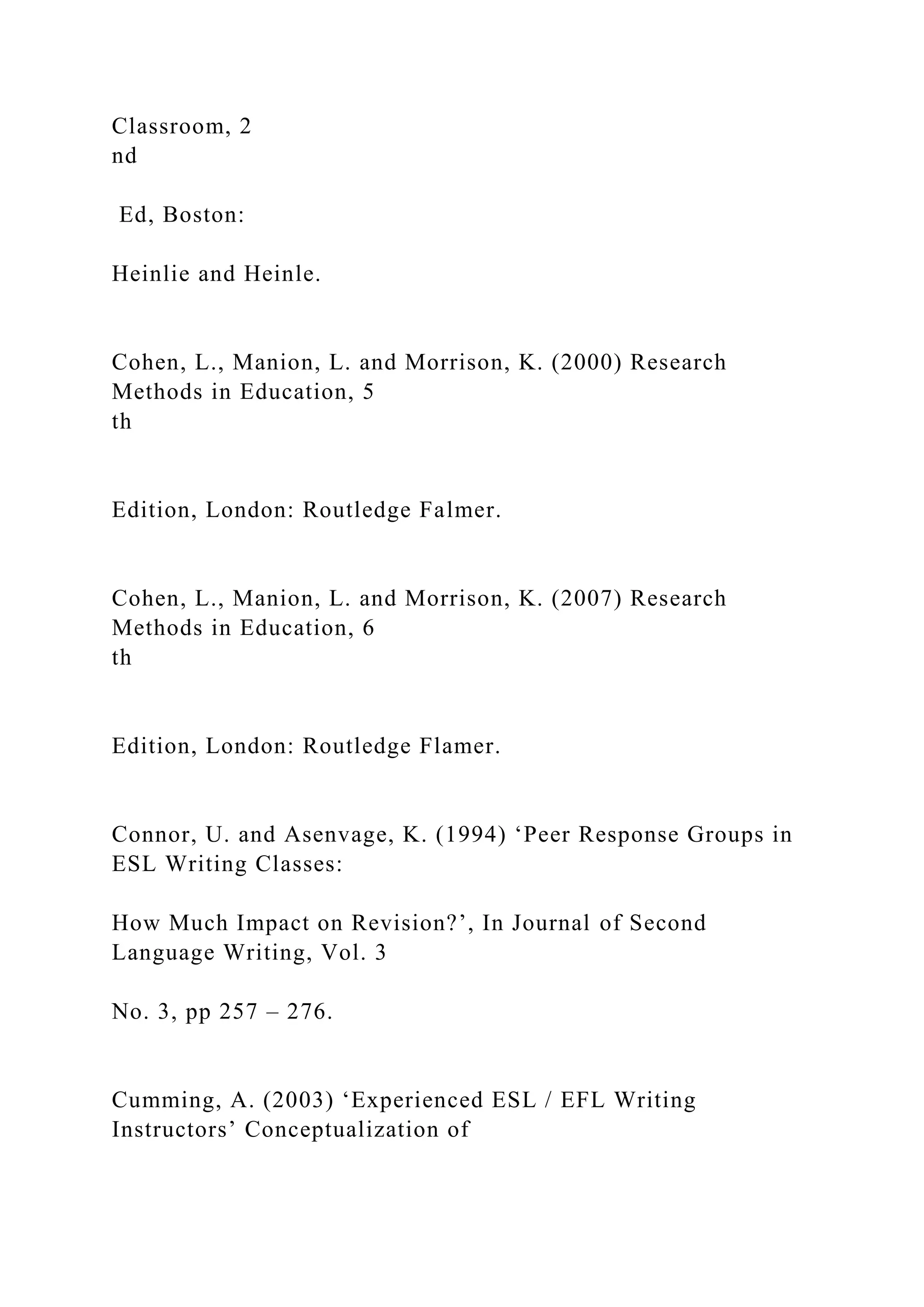 Classroom, 2
nd
Ed, Boston:
Heinlie and Heinle.
Cohen, L., Manion, L. and Morrison, K. (2000) Research
Methods in Education, 5
th
Edition, London: Routledge Falmer.
Cohen, L., Manion, L. and Morrison, K. (2007) Research
Methods in Education, 6
th
Edition, London: Routledge Flamer.
Connor, U. and Asenvage, K. (1994) ‘Peer Response Groups in
ESL Writing Classes:
How Much Impact on Revision?’, In Journal of Second
Language Writing, Vol. 3
No. 3, pp 257 – 276.
Cumming, A. (2003) ‘Experienced ESL / EFL Writing
Instructors’ Conceptualization of
 