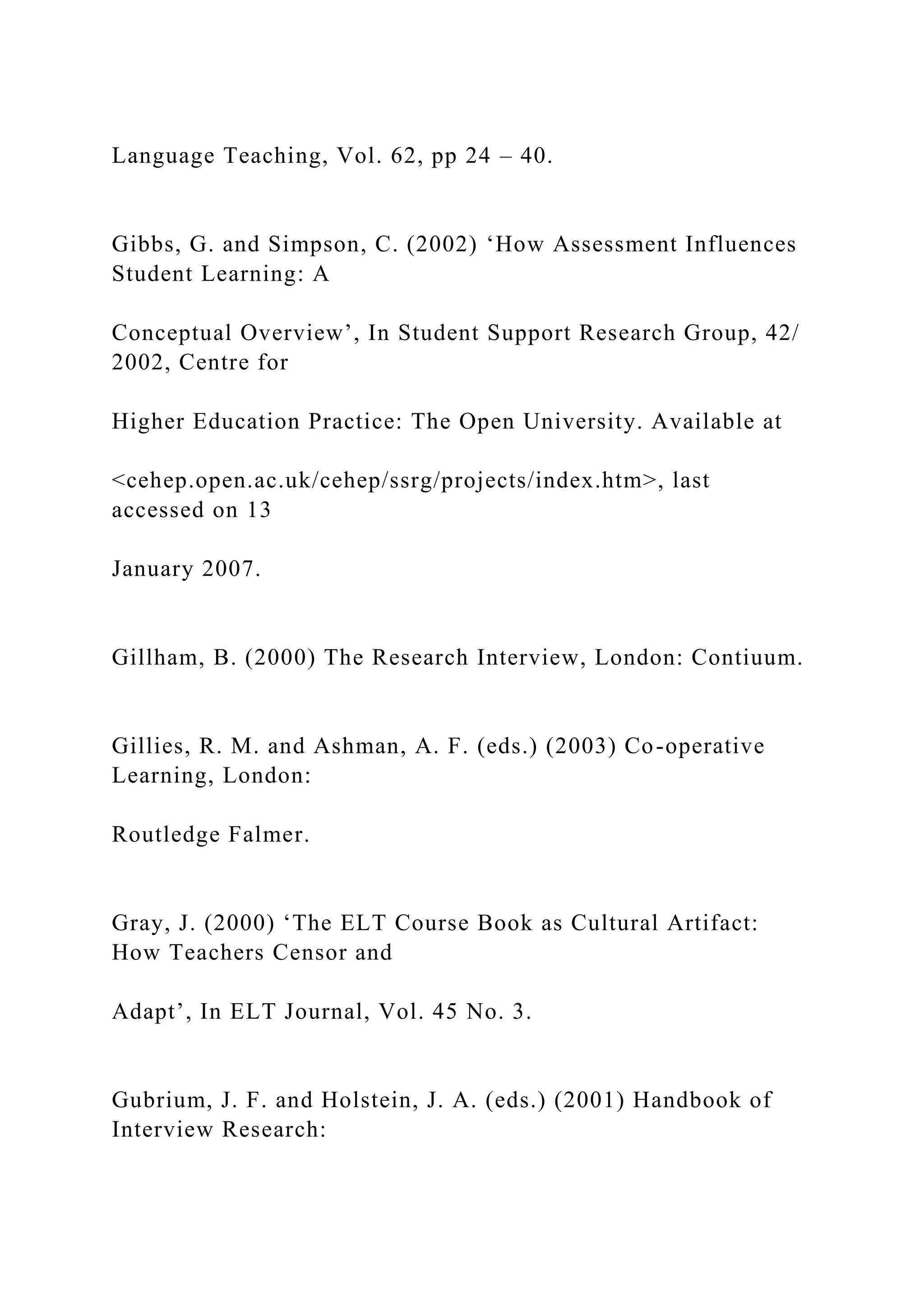 Language Teaching, Vol. 62, pp 24 – 40.
Gibbs, G. and Simpson, C. (2002) ‘How Assessment Influences
Student Learning: A
Conceptual Overview’, In Student Support Research Group, 42/
2002, Centre for
Higher Education Practice: The Open University. Available at
<cehep.open.ac.uk/cehep/ssrg/projects/index.htm>, last
accessed on 13
January 2007.
Gillham, B. (2000) The Research Interview, London: Contiuum.
Gillies, R. M. and Ashman, A. F. (eds.) (2003) Co-operative
Learning, London:
Routledge Falmer.
Gray, J. (2000) ‘The ELT Course Book as Cultural Artifact:
How Teachers Censor and
Adapt’, In ELT Journal, Vol. 45 No. 3.
Gubrium, J. F. and Holstein, J. A. (eds.) (2001) Handbook of
Interview Research:
 