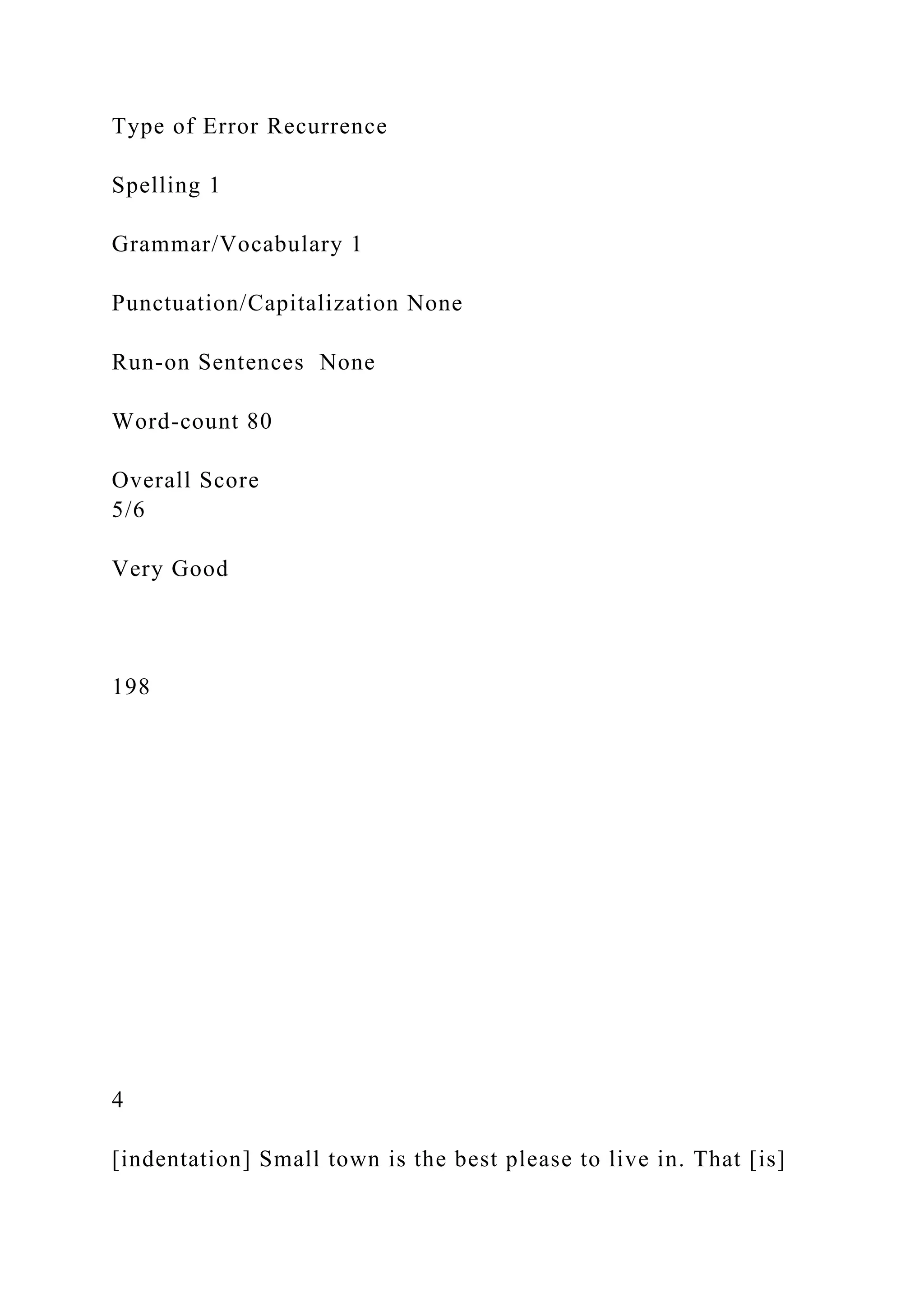 Type of Error Recurrence
Spelling 1
Grammar/Vocabulary 1
Punctuation/Capitalization None
Run-on Sentences None
Word-count 80
Overall Score
5/6
Very Good
198
4
[indentation] Small town is the best please to live in. That [is]
 