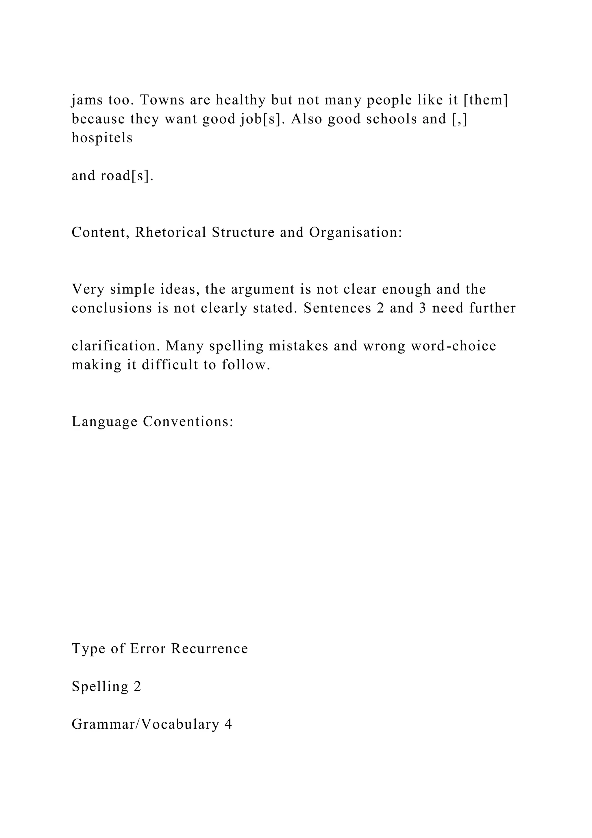 jams too. Towns are healthy but not many people like it [them]
because they want good job[s]. Also good schools and [,]
hospitels
and road[s].
Content, Rhetorical Structure and Organisation:
Very simple ideas, the argument is not clear enough and the
conclusions is not clearly stated. Sentences 2 and 3 need further
clarification. Many spelling mistakes and wrong word-choice
making it difficult to follow.
Language Conventions:
Type of Error Recurrence
Spelling 2
Grammar/Vocabulary 4
 