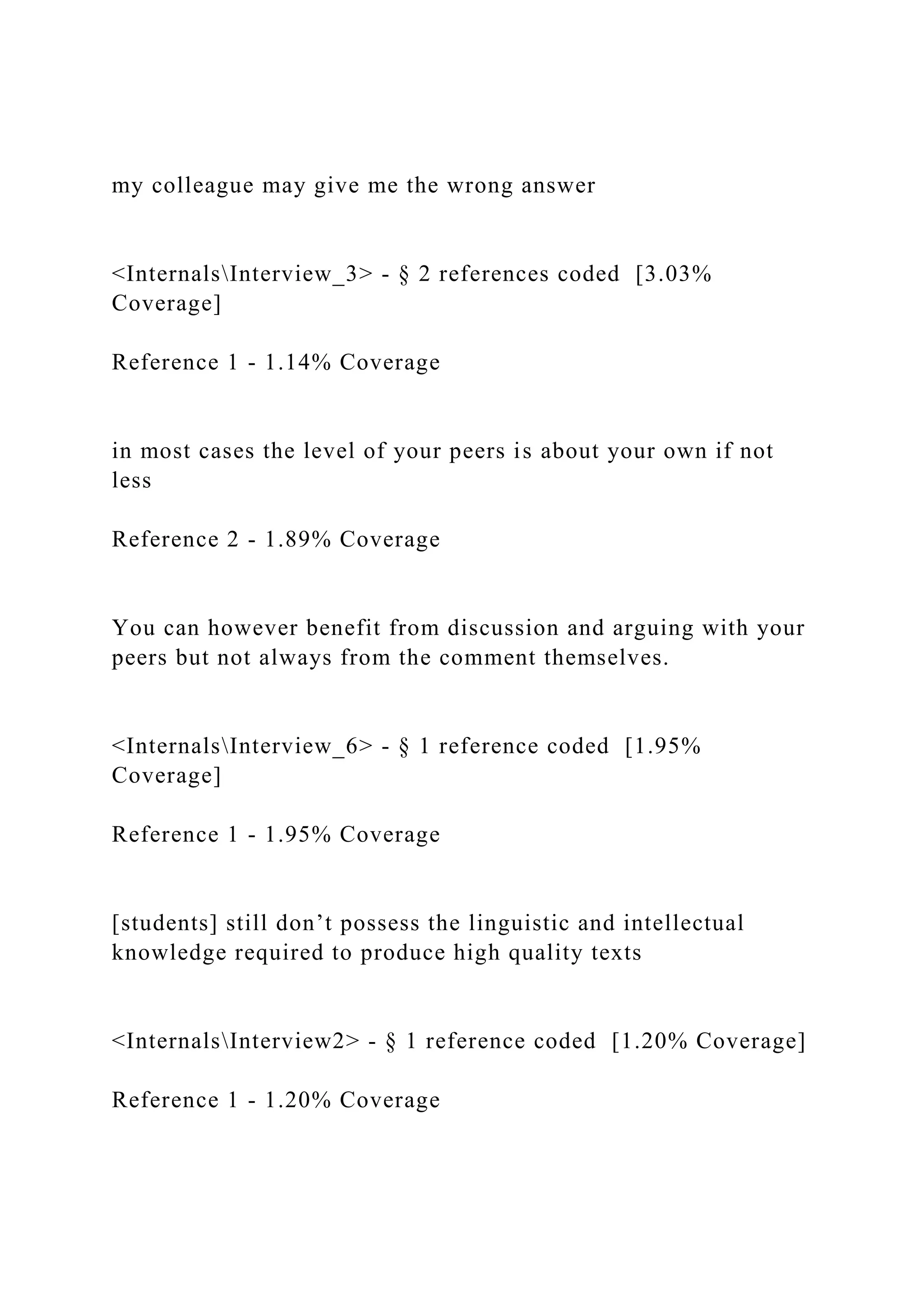 my colleague may give me the wrong answer
<InternalsInterview_3> - § 2 references coded [3.03%
Coverage]
Reference 1 - 1.14% Coverage
in most cases the level of your peers is about your own if not
less
Reference 2 - 1.89% Coverage
You can however benefit from discussion and arguing with your
peers but not always from the comment themselves.
<InternalsInterview_6> - § 1 reference coded [1.95%
Coverage]
Reference 1 - 1.95% Coverage
[students] still don’t possess the linguistic and intellectual
knowledge required to produce high quality texts
<InternalsInterview2> - § 1 reference coded [1.20% Coverage]
Reference 1 - 1.20% Coverage
 