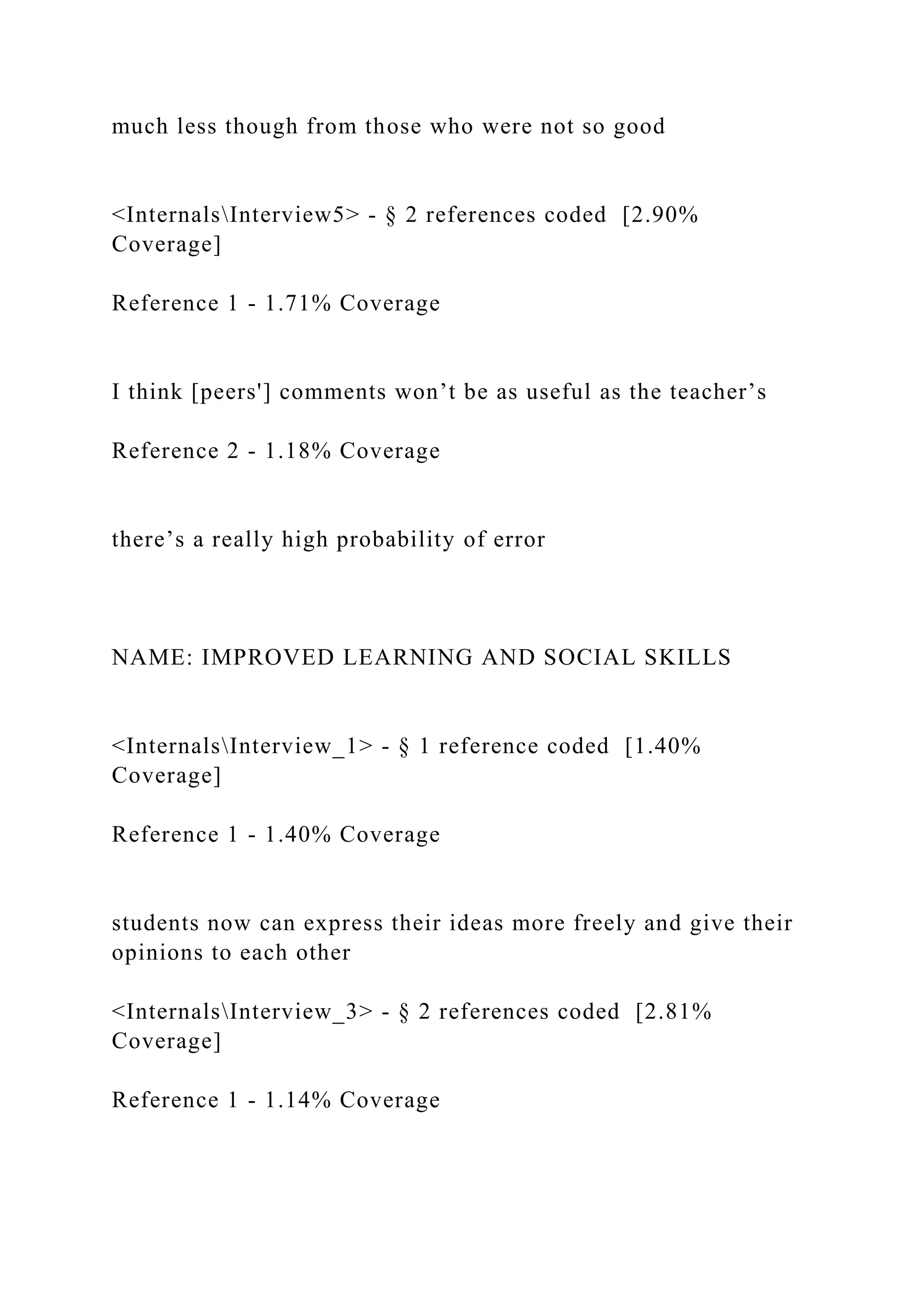 much less though from those who were not so good
<InternalsInterview5> - § 2 references coded [2.90%
Coverage]
Reference 1 - 1.71% Coverage
I think [peers'] comments won’t be as useful as the teacher’s
Reference 2 - 1.18% Coverage
there’s a really high probability of error
NAME: IMPROVED LEARNING AND SOCIAL SKILLS
<InternalsInterview_1> - § 1 reference coded [1.40%
Coverage]
Reference 1 - 1.40% Coverage
students now can express their ideas more freely and give their
opinions to each other
<InternalsInterview_3> - § 2 references coded [2.81%
Coverage]
Reference 1 - 1.14% Coverage
 
