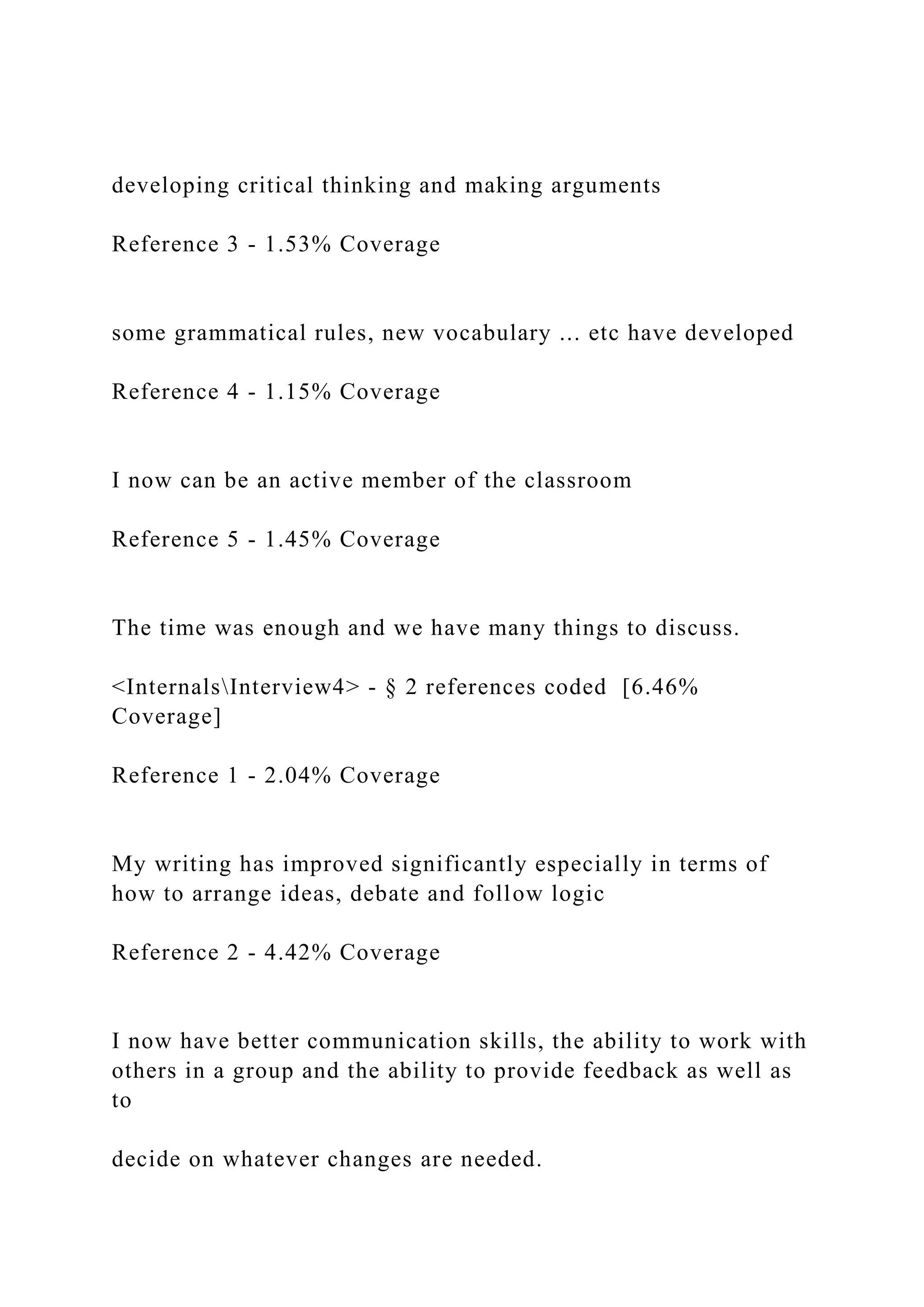 developing critical thinking and making arguments
Reference 3 - 1.53% Coverage
some grammatical rules, new vocabulary ... etc have developed
Reference 4 - 1.15% Coverage
I now can be an active member of the classroom
Reference 5 - 1.45% Coverage
The time was enough and we have many things to discuss.
<InternalsInterview4> - § 2 references coded [6.46%
Coverage]
Reference 1 - 2.04% Coverage
My writing has improved significantly especially in terms of
how to arrange ideas, debate and follow logic
Reference 2 - 4.42% Coverage
I now have better communication skills, the ability to work with
others in a group and the ability to provide feedback as well as
to
decide on whatever changes are needed.
 