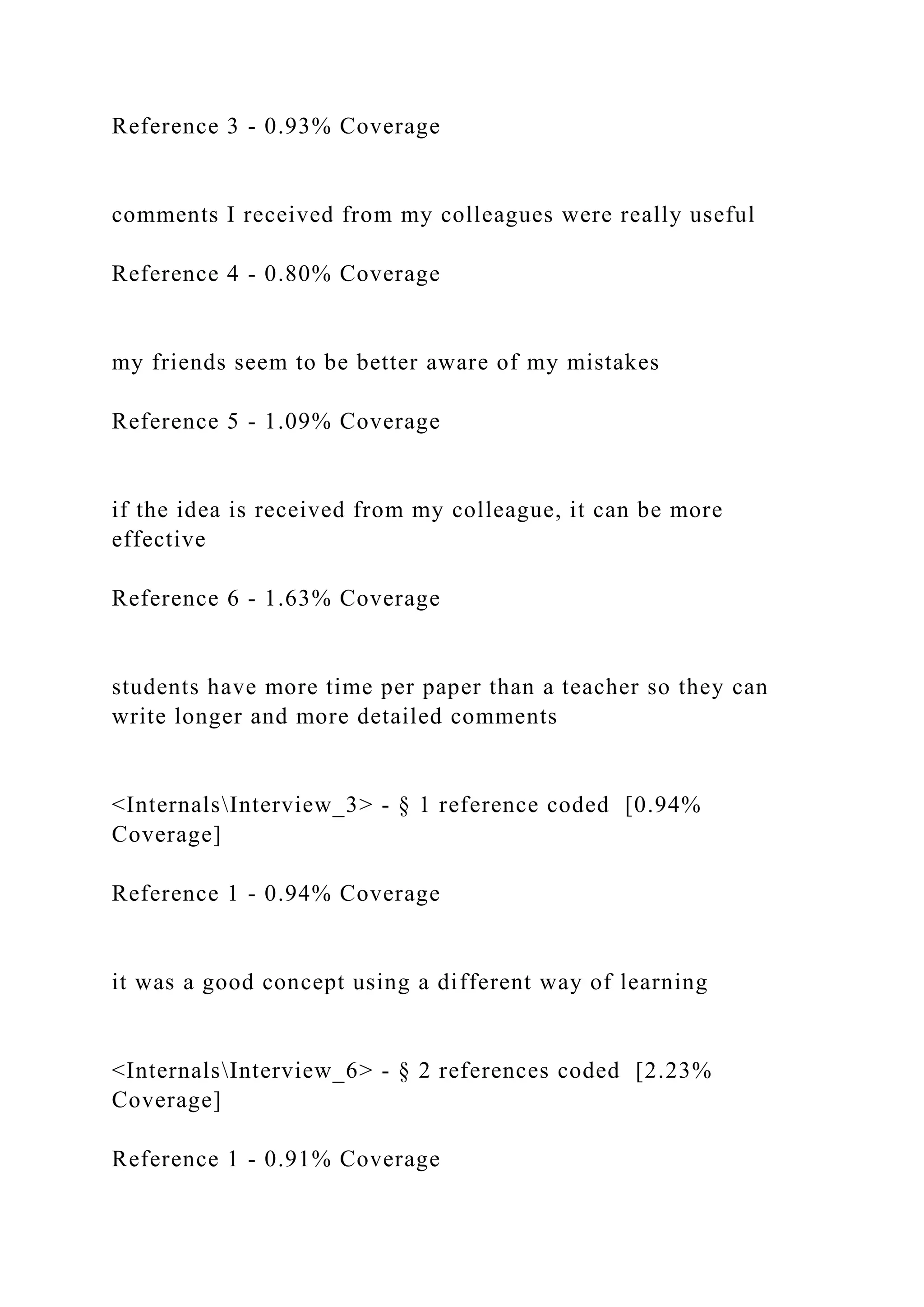 Reference 3 - 0.93% Coverage
comments I received from my colleagues were really useful
Reference 4 - 0.80% Coverage
my friends seem to be better aware of my mistakes
Reference 5 - 1.09% Coverage
if the idea is received from my colleague, it can be more
effective
Reference 6 - 1.63% Coverage
students have more time per paper than a teacher so they can
write longer and more detailed comments
<InternalsInterview_3> - § 1 reference coded [0.94%
Coverage]
Reference 1 - 0.94% Coverage
it was a good concept using a different way of learning
<InternalsInterview_6> - § 2 references coded [2.23%
Coverage]
Reference 1 - 0.91% Coverage
 