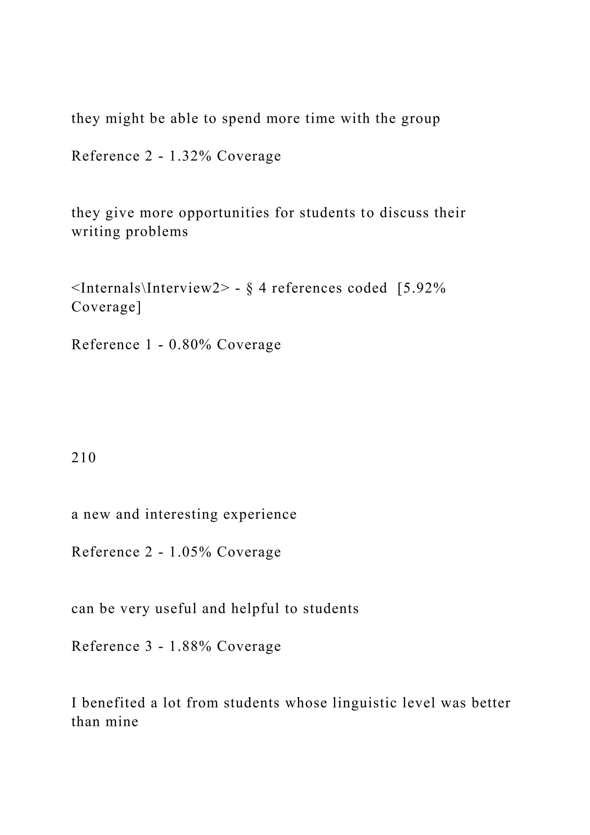 they might be able to spend more time with the group
Reference 2 - 1.32% Coverage
they give more opportunities for students to discuss their
writing problems
<InternalsInterview2> - § 4 references coded [5.92%
Coverage]
Reference 1 - 0.80% Coverage
210
a new and interesting experience
Reference 2 - 1.05% Coverage
can be very useful and helpful to students
Reference 3 - 1.88% Coverage
I benefited a lot from students whose linguistic level was better
than mine
 