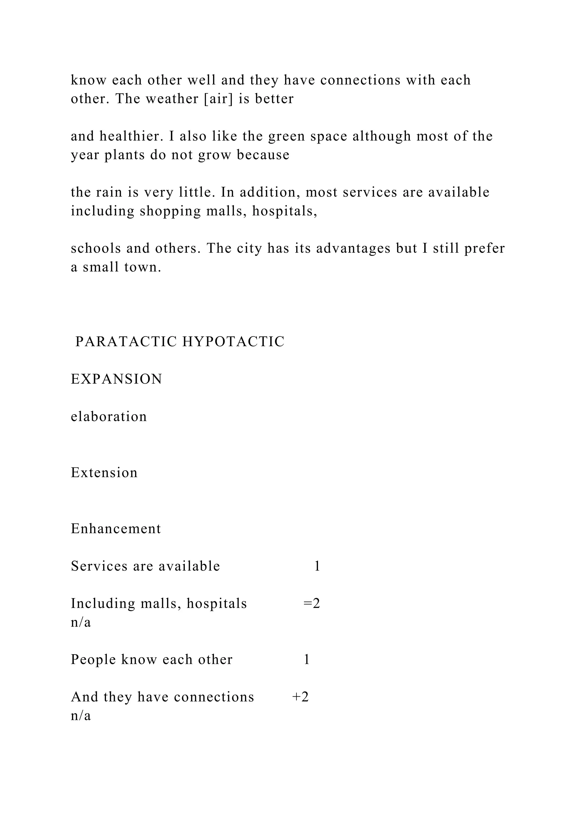 know each other well and they have connections with each
other. The weather [air] is better
and healthier. I also like the green space although most of the
year plants do not grow because
the rain is very little. In addition, most services are available
including shopping malls, hospitals,
schools and others. The city has its advantages but I still prefer
a small town.
PARATACTIC HYPOTACTIC
EXPANSION
elaboration
Extension
Enhancement
Services are available 1
Including malls, hospitals =2
n/a
People know each other 1
And they have connections +2
n/a
 