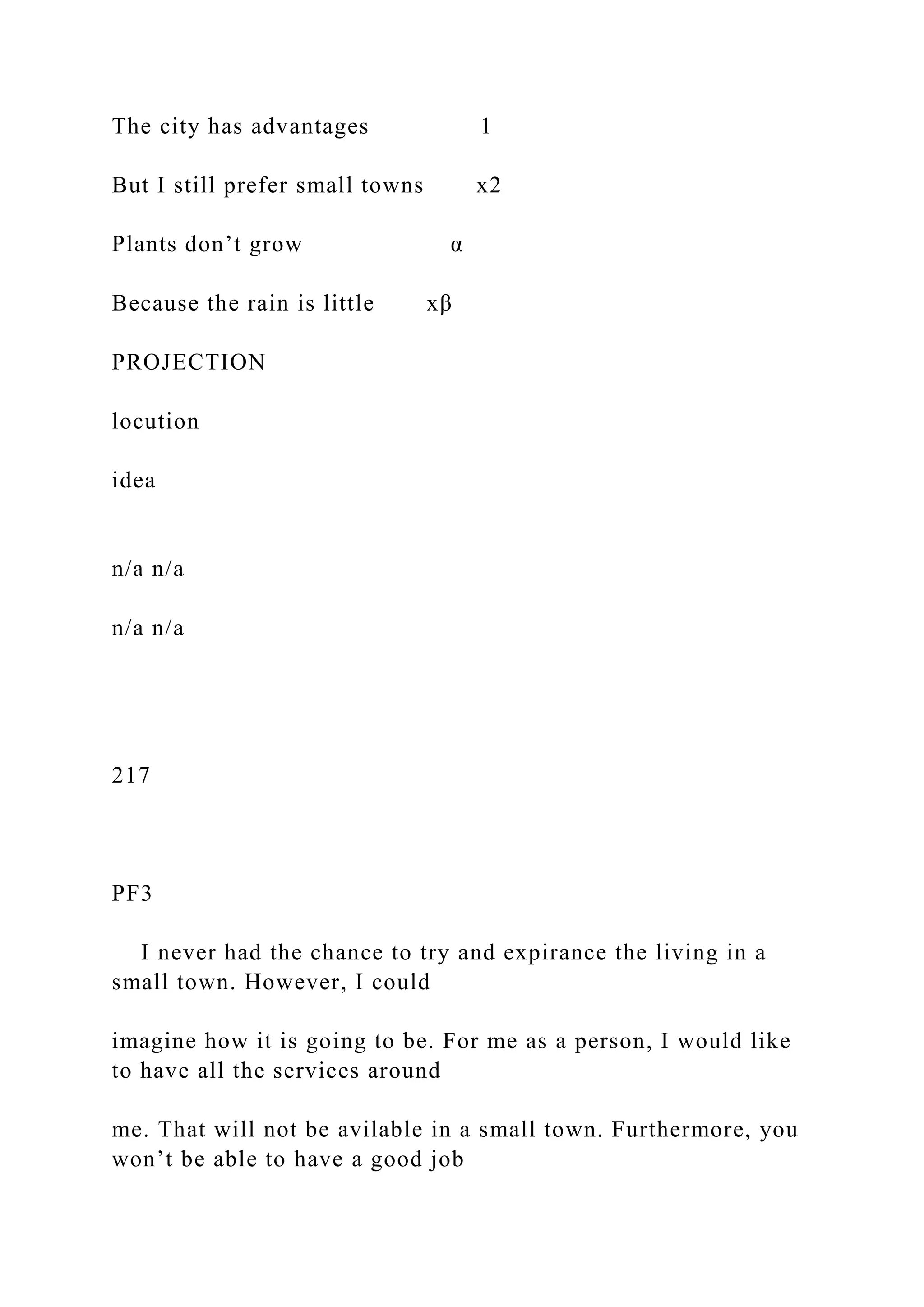 The city has advantages 1
But I still prefer small towns x2
Plants don’t grow α
Because the rain is little xβ
PROJECTION
locution
idea
n/a n/a
n/a n/a
217
PF3
I never had the chance to try and expirance the living in a
small town. However, I could
imagine how it is going to be. For me as a person, I would like
to have all the services around
me. That will not be avilable in a small town. Furthermore, you
won’t be able to have a good job
 