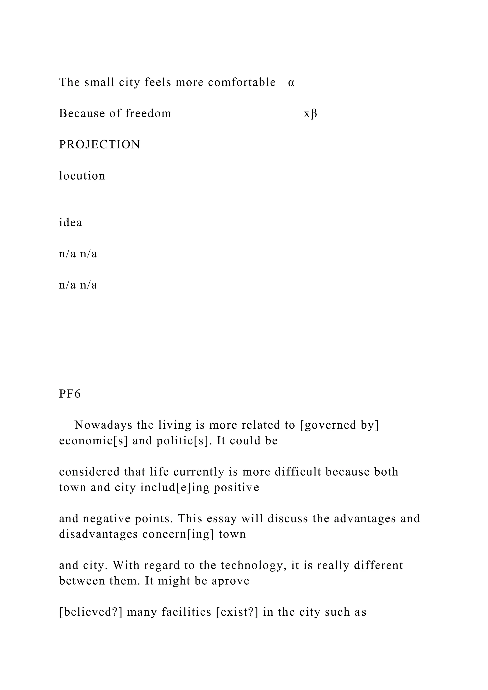 The small city feels more comfortable α
Because of freedom xβ
PROJECTION
locution
idea
n/a n/a
n/a n/a
PF6
Nowadays the living is more related to [governed by]
economic[s] and politic[s]. It could be
considered that life currently is more difficult because both
town and city includ[e]ing positive
and negative points. This essay will discuss the advantages and
disadvantages concern[ing] town
and city. With regard to the technology, it is really different
between them. It might be aprove
[believed?] many facilities [exist?] in the city such as
 
