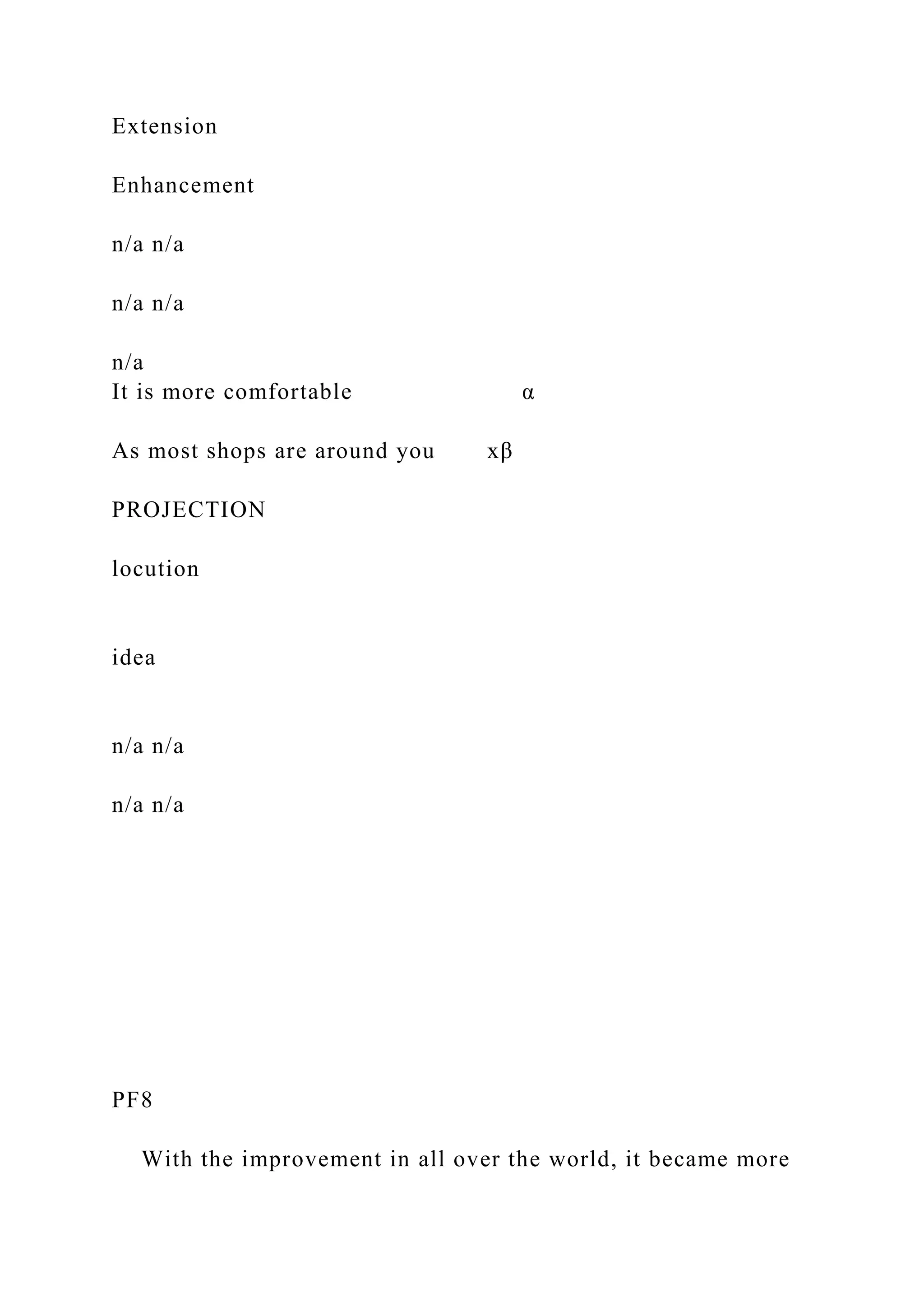Extension
Enhancement
n/a n/a
n/a n/a
n/a
It is more comfortable α
As most shops are around you xβ
PROJECTION
locution
idea
n/a n/a
n/a n/a
PF8
With the improvement in all over the world, it became more
 