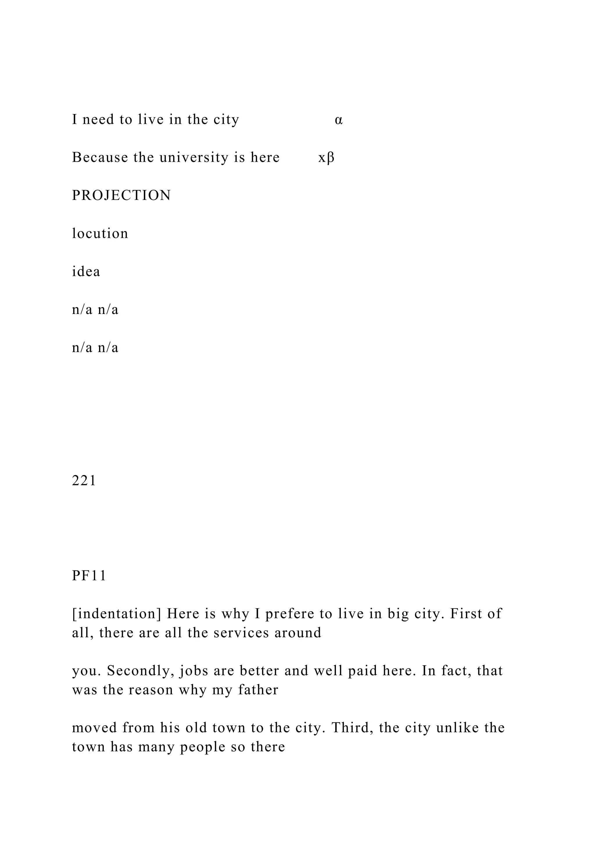 I need to live in the city α
Because the university is here xβ
PROJECTION
locution
idea
n/a n/a
n/a n/a
221
PF11
[indentation] Here is why I prefere to live in big city. First of
all, there are all the services around
you. Secondly, jobs are better and well paid here. In fact, that
was the reason why my father
moved from his old town to the city. Third, the city unlike the
town has many people so there
 